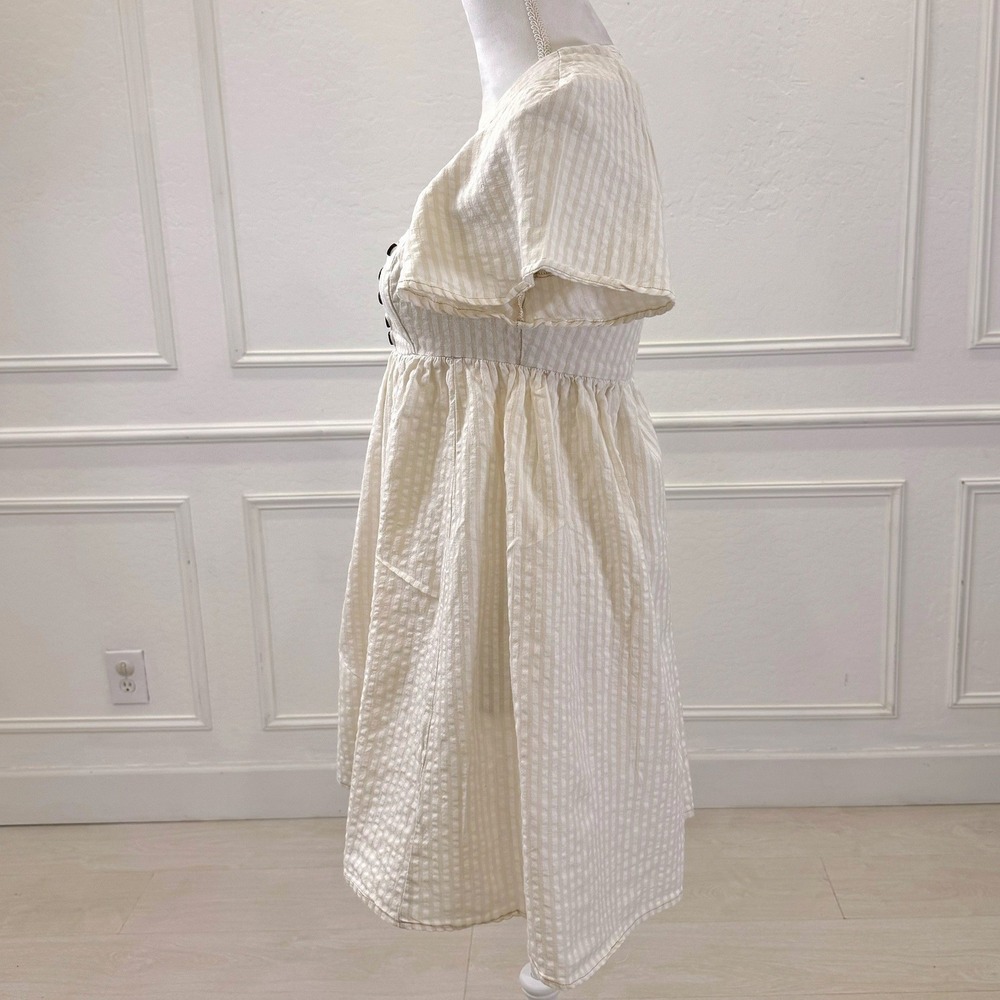 URBAN OUTFITTERS Cream Gingham Puff Sleeve Square Neck Mini‎ Dress S P - Picture 4 of 9